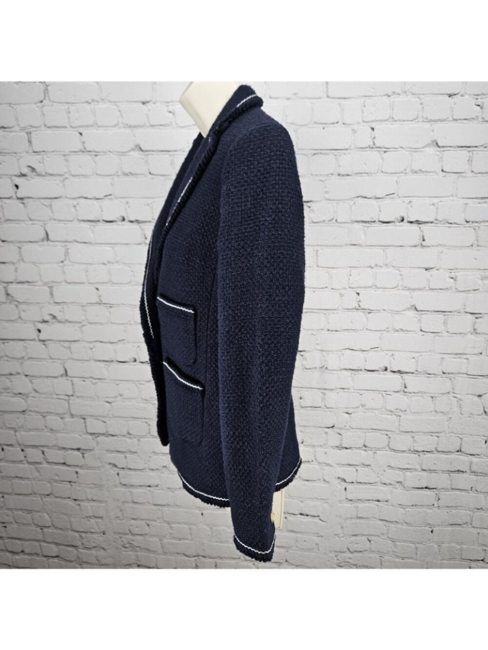 NWT Talbots Navy 100% Cotton Tweed White Stitching Gold Buttons Blazer Jacket 0P - Picture 13 of 14